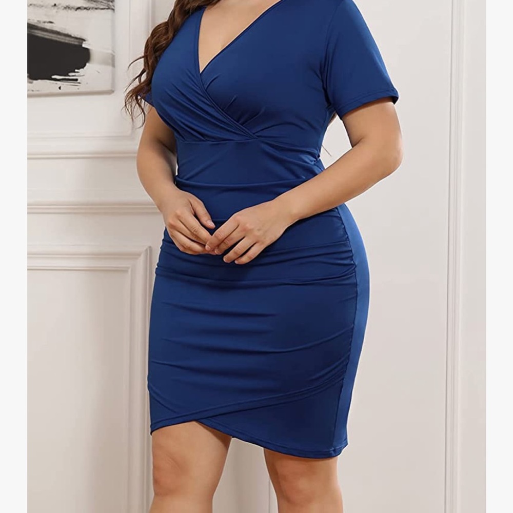 Plus Size Summer Dresses Ruched Short Sleeve Bodycon Wrap Dress Deep V Neck - Picture 4 of 6